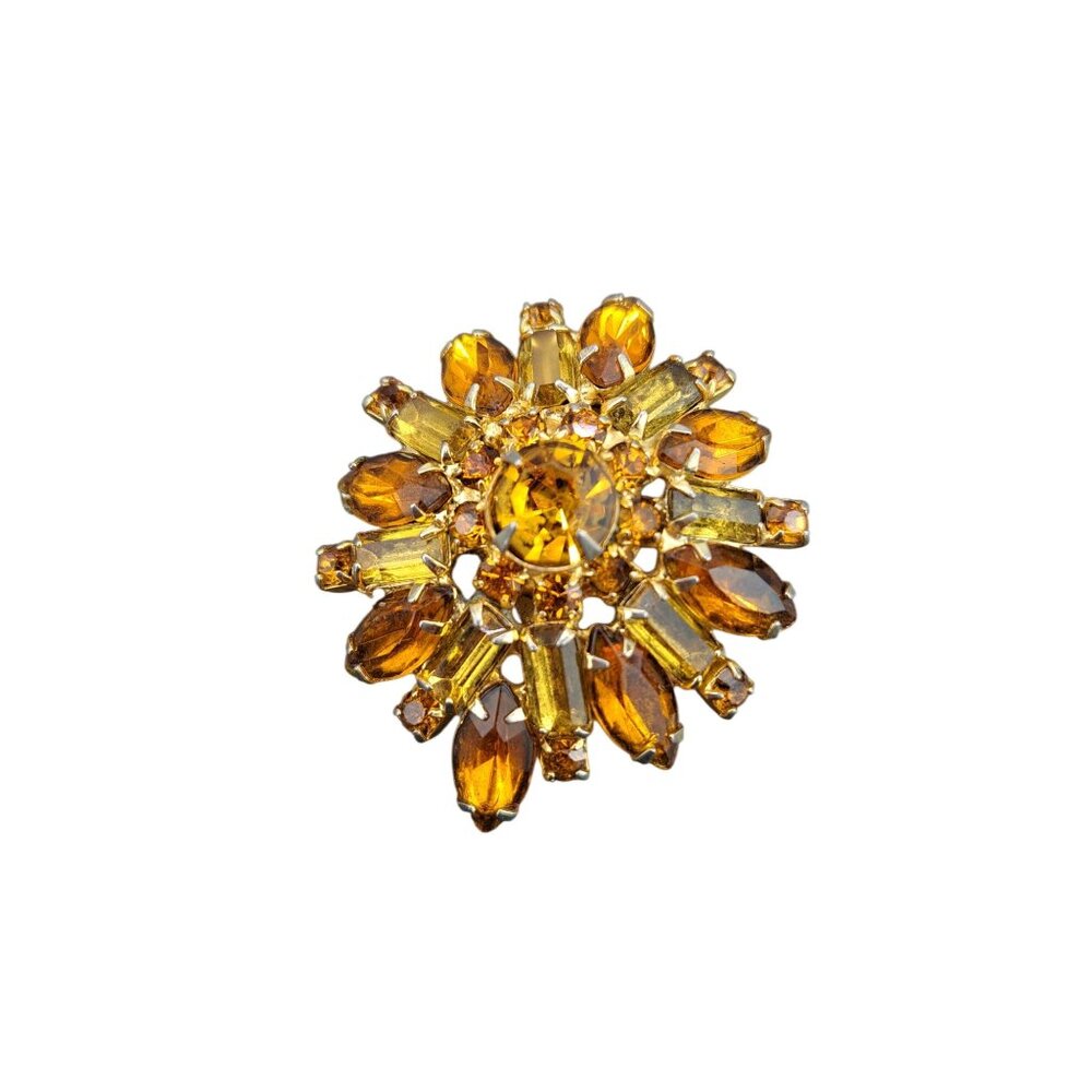 Vintage Rhinestone Brooch Pin Amber Citrine Topaz Colored Starburst Domed Floral - Picture 6 of 8